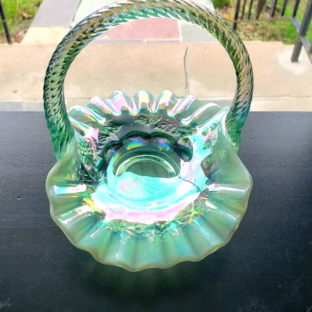 RARE Vintage Fenton Iridescent/Opalescent Carnival Green Glass Basket